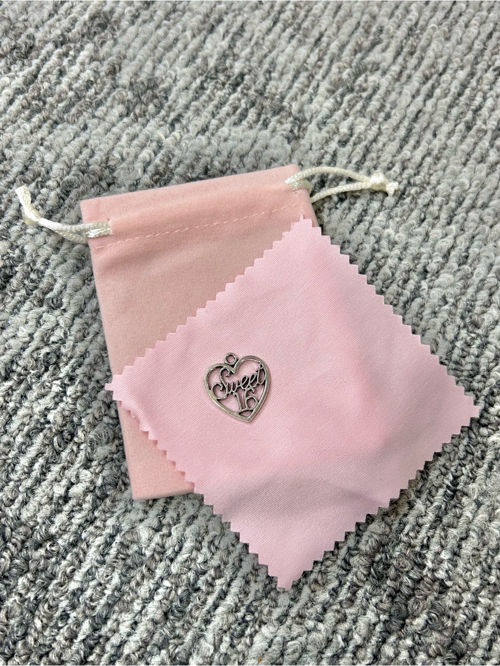 Sweet 16 Silver Heart Charm Birthday Celebration Pendant w Pink Pouch and Cloth✨